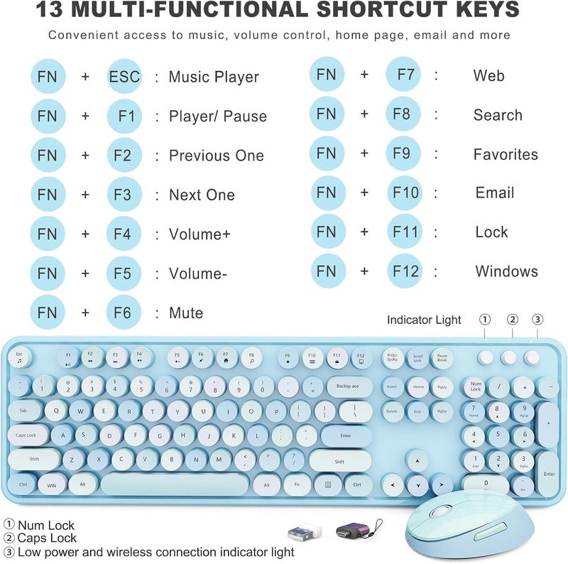 SkyGive Wireless Keyboard and Mouse Combo, Ergonomic Full Size Typewriter Retro Round Keycaps Keyboard, Compatible with Windows, PC, Perfer for Home and Office Keyboards (Blue - Image 4